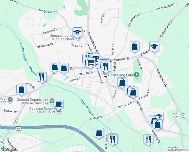 map of restaurants, bars, coffee shops, grocery stores, and more near 231 West Spring Street in Dallas