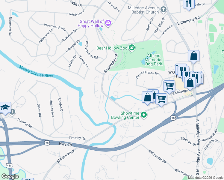 map of restaurants, bars, coffee shops, grocery stores, and more near 175 Eaglewood Way in Athens