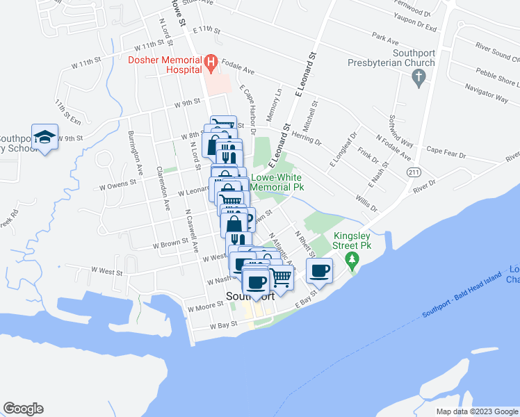 map of restaurants, bars, coffee shops, grocery stores, and more near 404 North Atlantic Avenue in Southport