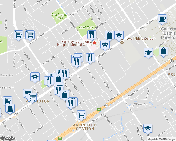 map of restaurants, bars, coffee shops, grocery stores, and more near 3768 Donald Avenue in Riverside