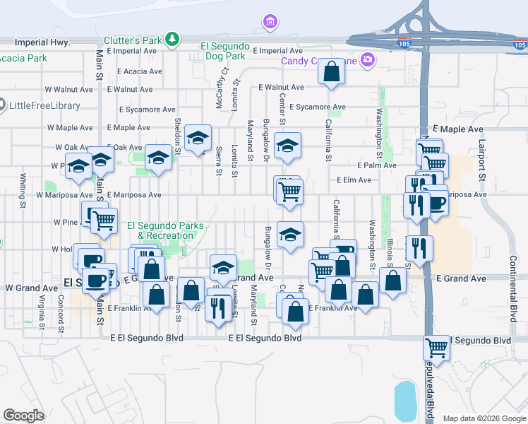 map of restaurants, bars, coffee shops, grocery stores, and more near 1003 East Pine Avenue in El Segundo