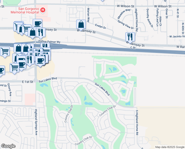map of restaurants, bars, coffee shops, grocery stores, and more near 543 Northwood Avenue in Banning