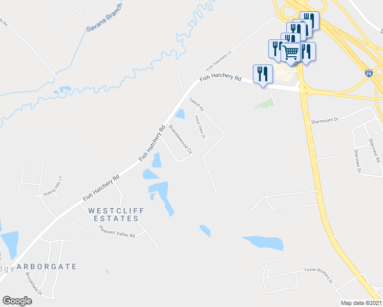 map of restaurants, bars, coffee shops, grocery stores, and more near 125 Bramblewood Circle in West Columbia
