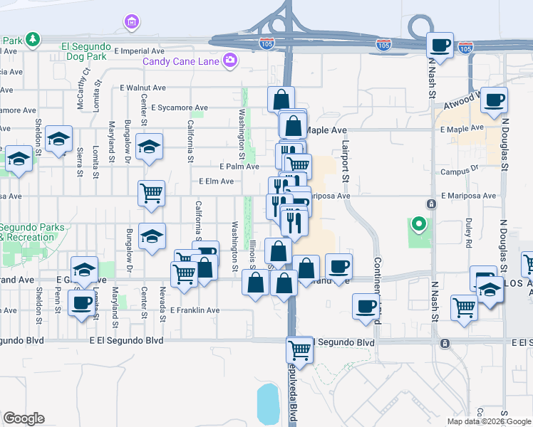 map of restaurants, bars, coffee shops, grocery stores, and more near 521 Indiana Street in El Segundo