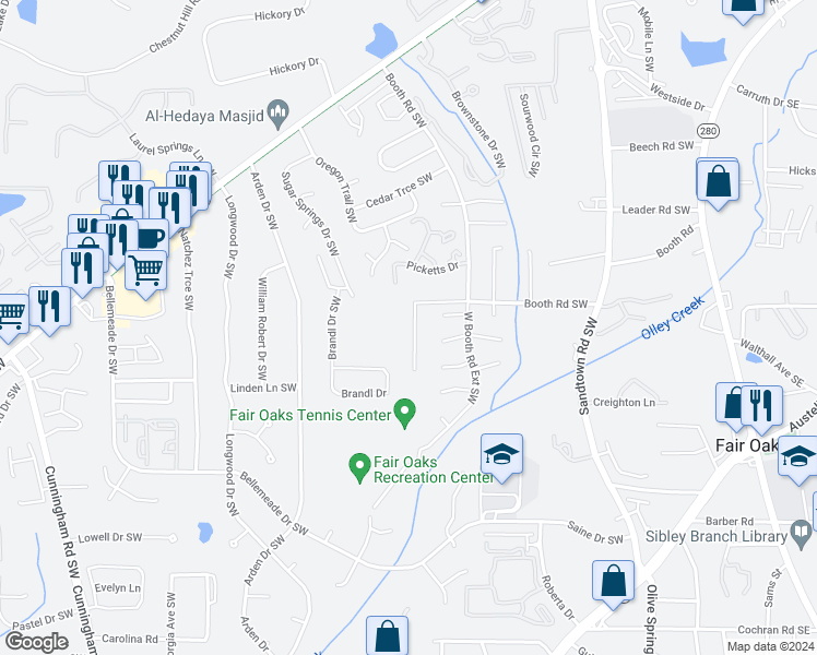 map of restaurants, bars, coffee shops, grocery stores, and more near 1224 Scripps Court Southwest in Marietta