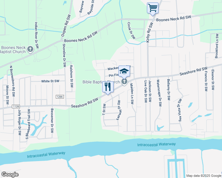 map of restaurants, bars, coffee shops, grocery stores, and more near 2490 Seashore Road Southwest in Brunswick County