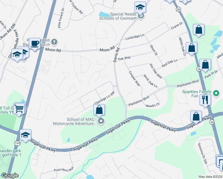 map of restaurants, bars, coffee shops, grocery stores, and more near 580 Clairidge Lane Southwest in Lawrenceville