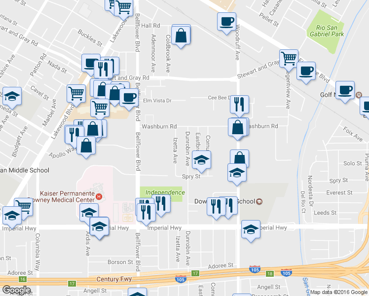map of restaurants, bars, coffee shops, grocery stores, and more near 12155 Dunrobin Avenue in Downey