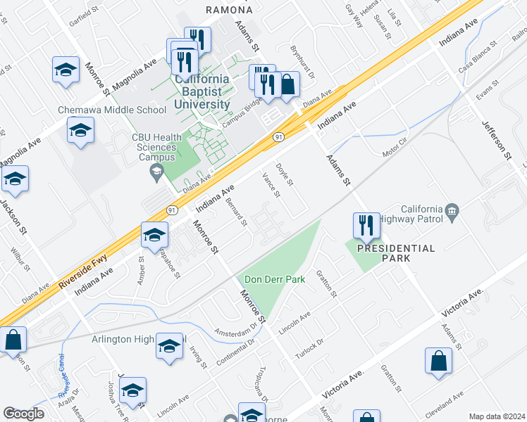 map of restaurants, bars, coffee shops, grocery stores, and more near 8523 Patricia Way in Riverside