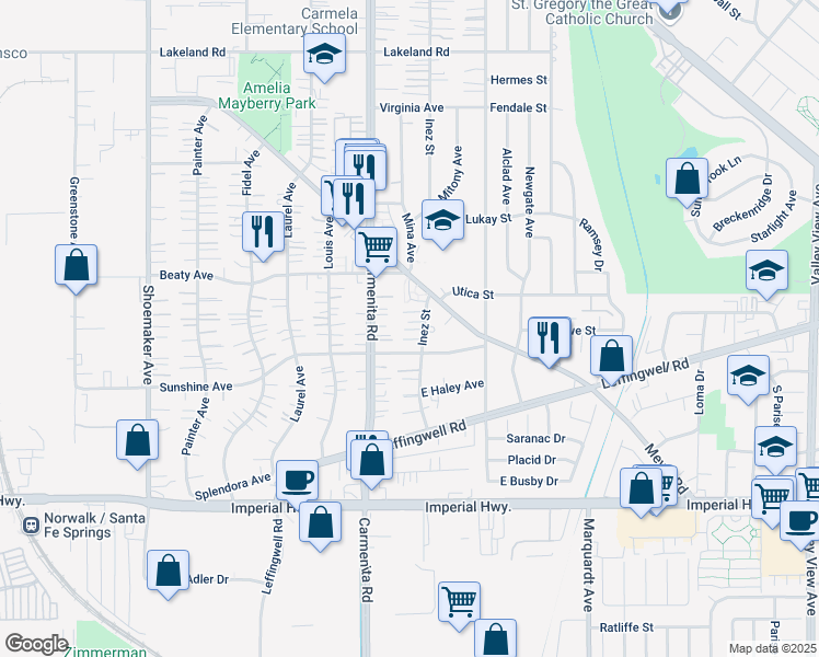 map of restaurants, bars, coffee shops, grocery stores, and more near 12007 Inez Street in Whittier