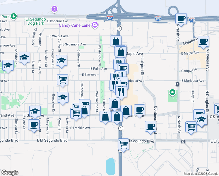map of restaurants, bars, coffee shops, grocery stores, and more near 1711 East Pine Avenue in El Segundo