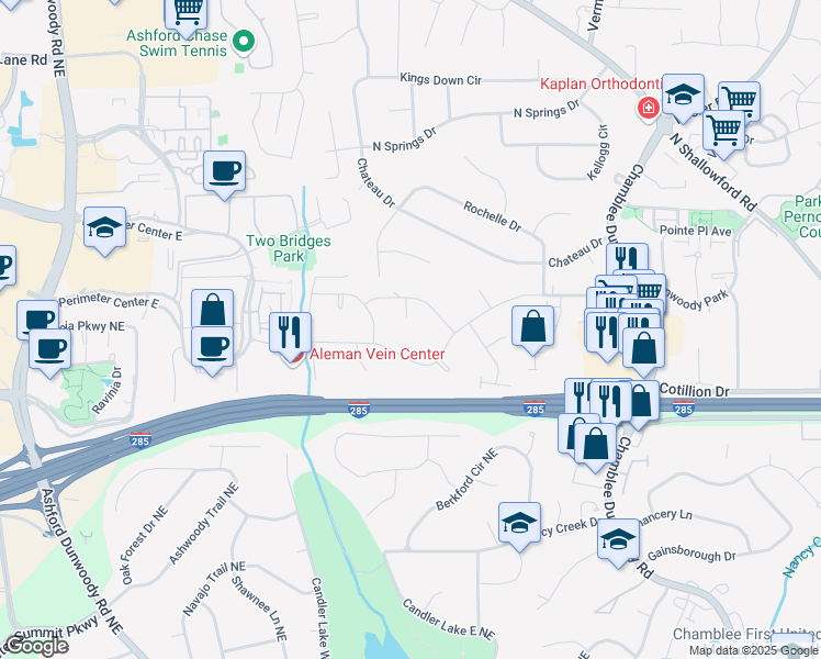 map of restaurants, bars, coffee shops, grocery stores, and more near 4351 Bishop Hollow Court in Dunwoody