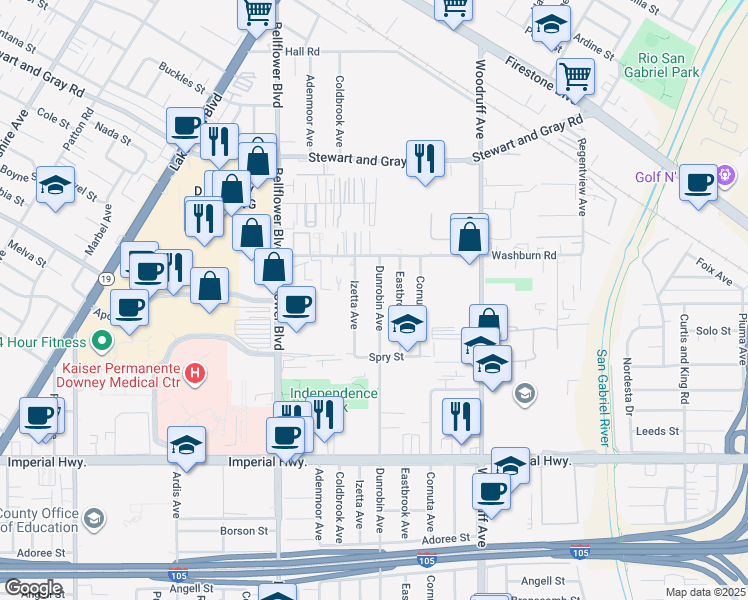 map of restaurants, bars, coffee shops, grocery stores, and more near 12155 Dunrobin Avenue in Downey