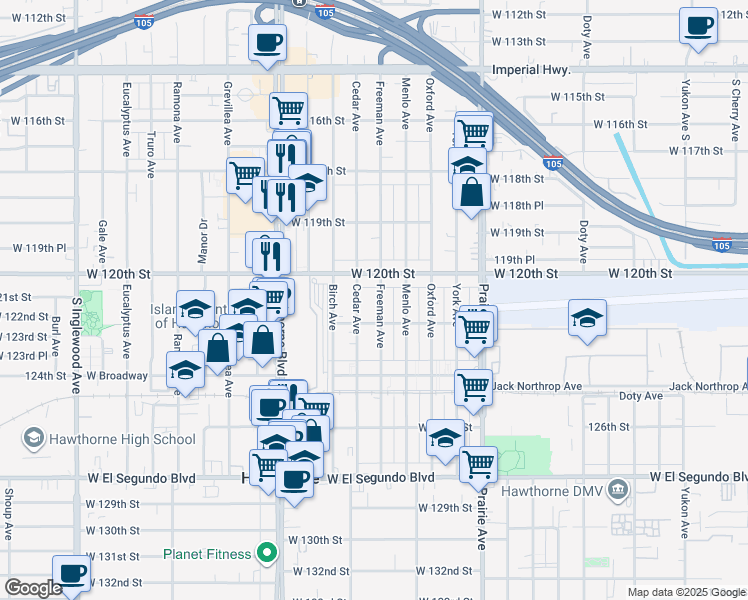 map of restaurants, bars, coffee shops, grocery stores, and more near 12101 Freeman Avenue in Hawthorne
