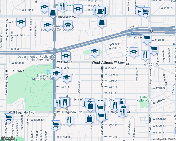 map of restaurants, bars, coffee shops, grocery stores, and more near 1516 West 121st Street in Los Angeles