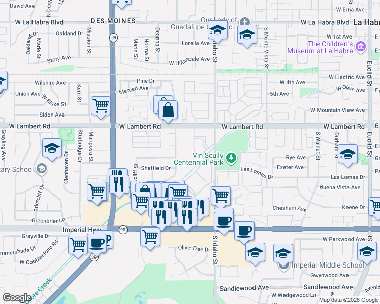 map of restaurants, bars, coffee shops, grocery stores, and more near in La Habra