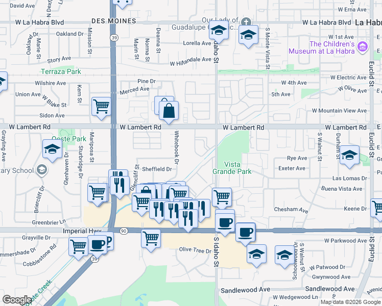 map of restaurants, bars, coffee shops, grocery stores, and more near 1430 West Lambert Road in La Habra