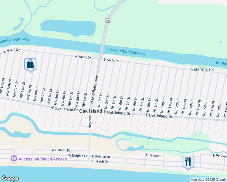 map of restaurants, bars, coffee shops, grocery stores, and more near 127 Northeast 3rd Street in Oak Island