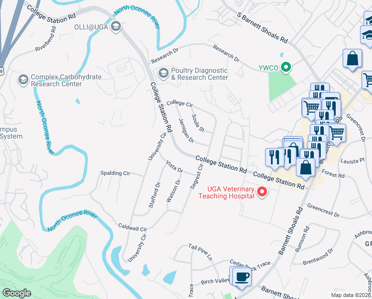 map of restaurants, bars, coffee shops, grocery stores, and more near 1054 College Station Road in Athens
