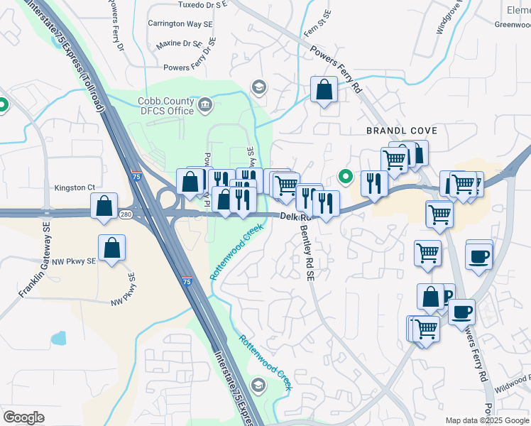 map of restaurants, bars, coffee shops, grocery stores, and more near 2513 Delk Road Southeast in Marietta