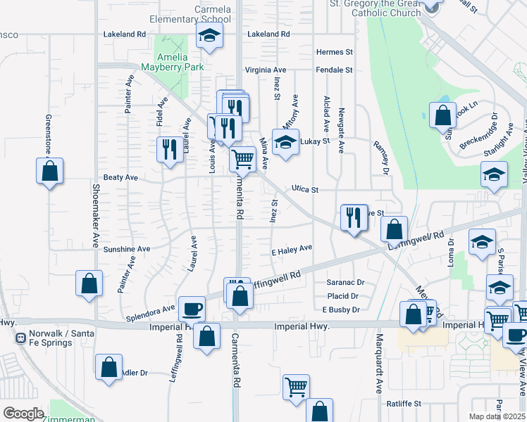 map of restaurants, bars, coffee shops, grocery stores, and more near 12007 Inez Street in Whittier