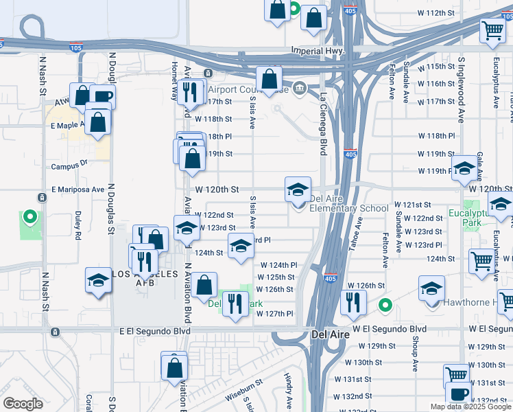 map of restaurants, bars, coffee shops, grocery stores, and more near 5356 West 121st Street in Hawthorne