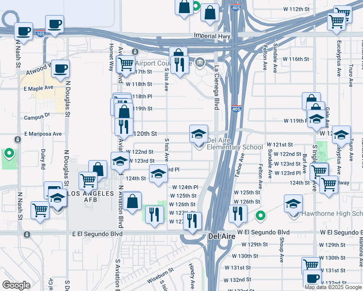 map of restaurants, bars, coffee shops, grocery stores, and more near 5324 West 121st Street in Hawthorne