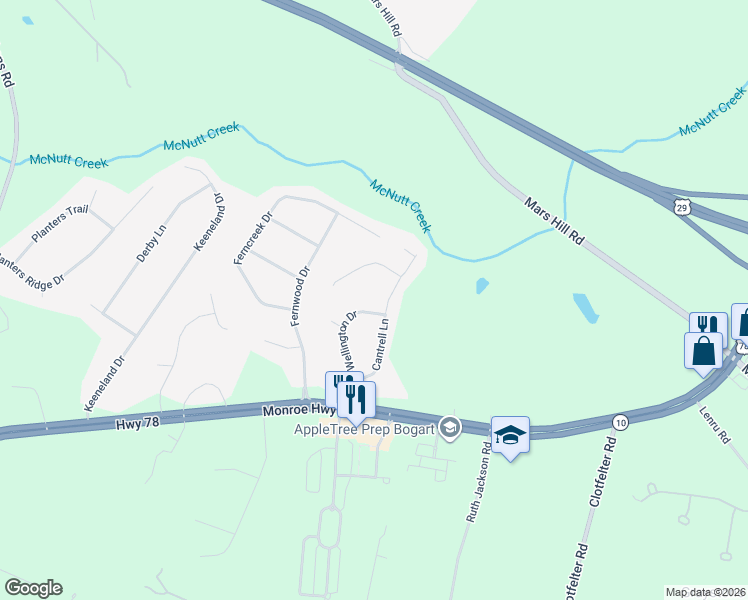 map of restaurants, bars, coffee shops, grocery stores, and more near 1140 Wellington Drive in Watkinsville