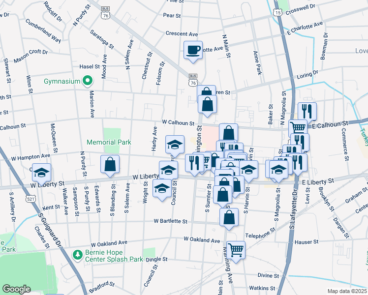 map of restaurants, bars, coffee shops, grocery stores, and more near 215 West Hampton Avenue in Sumter