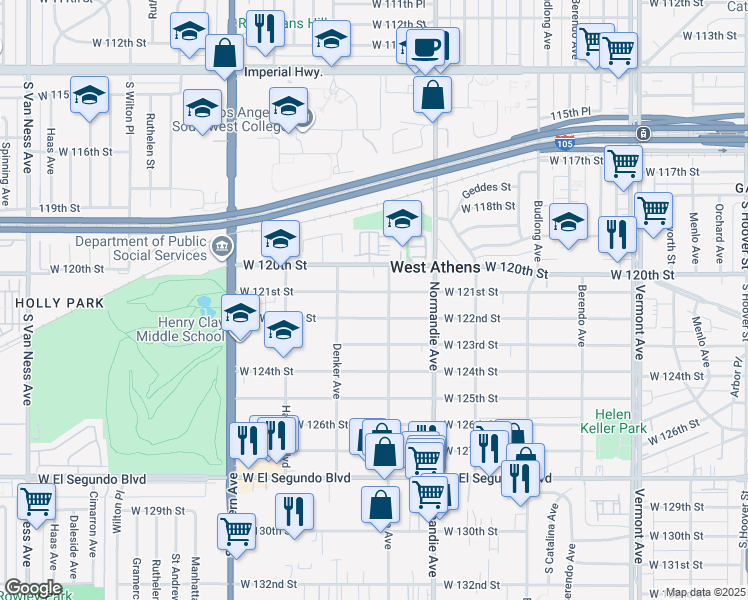 map of restaurants, bars, coffee shops, grocery stores, and more near 1516 West 121st Street in Los Angeles