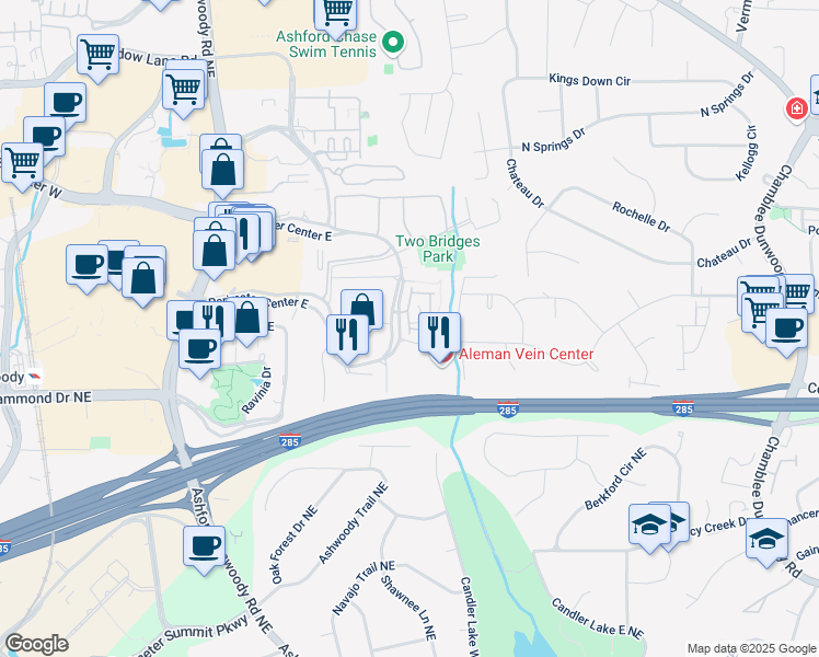 map of restaurants, bars, coffee shops, grocery stores, and more near 4074 Townsend lane in Dunwoody