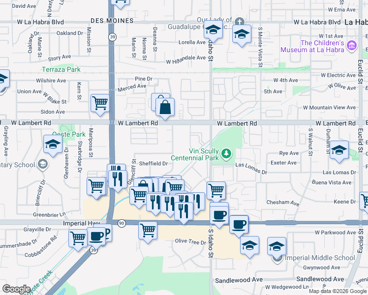 map of restaurants, bars, coffee shops, grocery stores, and more near 1440 West Lambert Road in La Habra