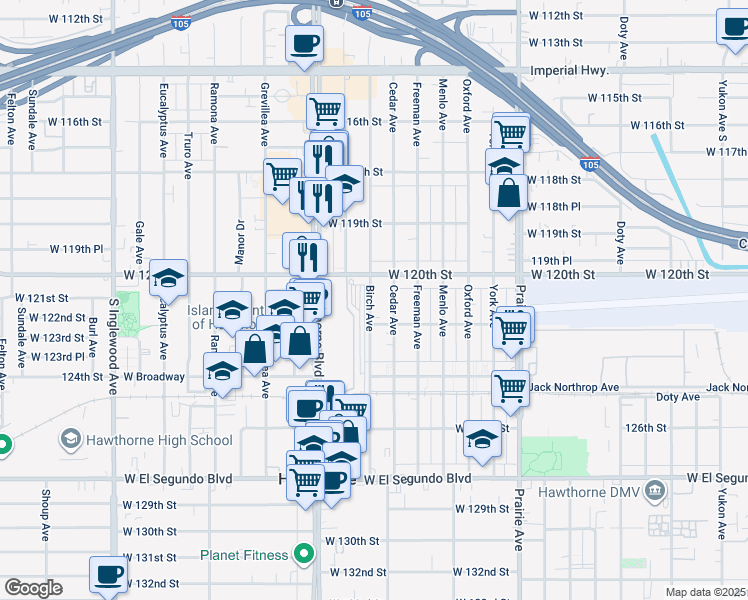 map of restaurants, bars, coffee shops, grocery stores, and more near 12100 Birch Avenue in Hawthorne