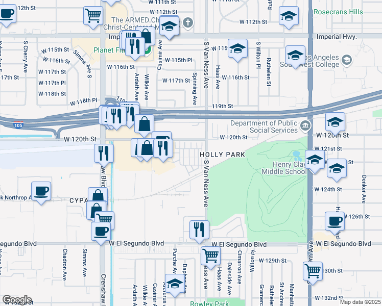 map of restaurants, bars, coffee shops, grocery stores, and more near 12016 Fairmont Court in Hawthorne