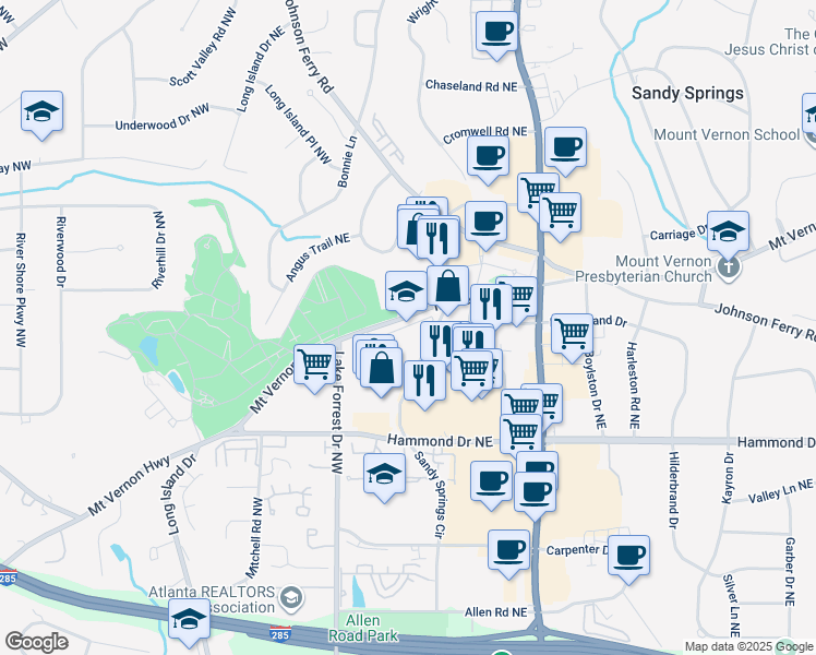 map of restaurants, bars, coffee shops, grocery stores, and more near 6150 Sandy Springs Circle in Sandy Springs