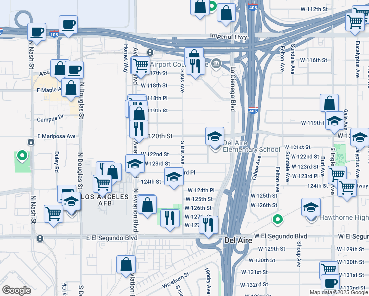 map of restaurants, bars, coffee shops, grocery stores, and more near 5356 West 121st Street in Hawthorne