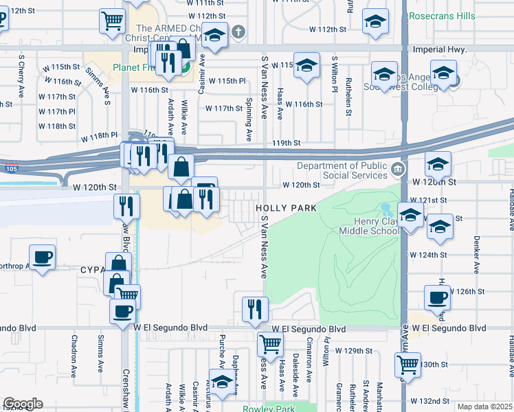 map of restaurants, bars, coffee shops, grocery stores, and more near 12026 Rock Creek Court in Hawthorne