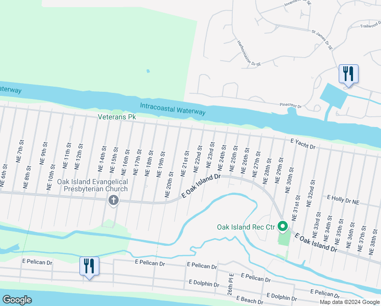 map of restaurants, bars, coffee shops, grocery stores, and more near 134 Northeast 21st Street in Oak Island