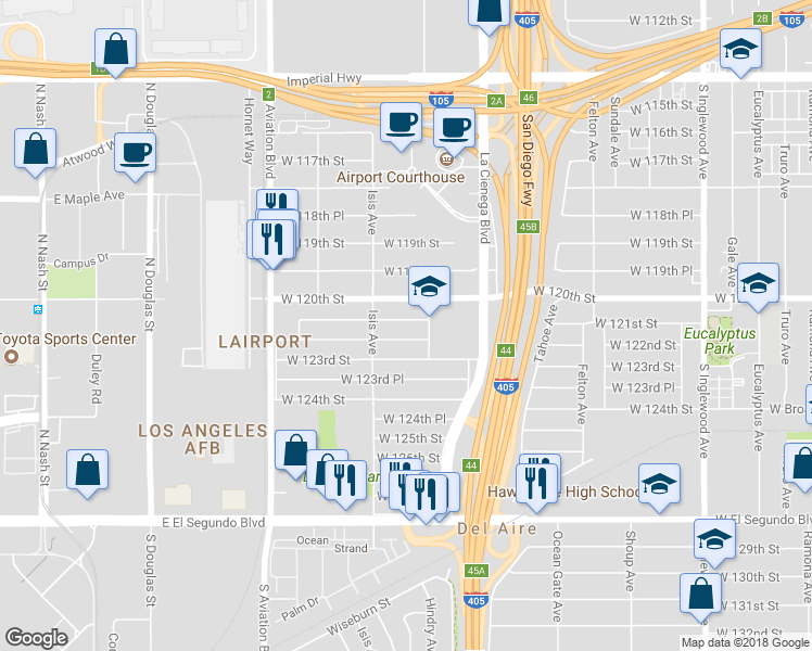 map of restaurants, bars, coffee shops, grocery stores, and more near 5324 West 121st Street in Hawthorne