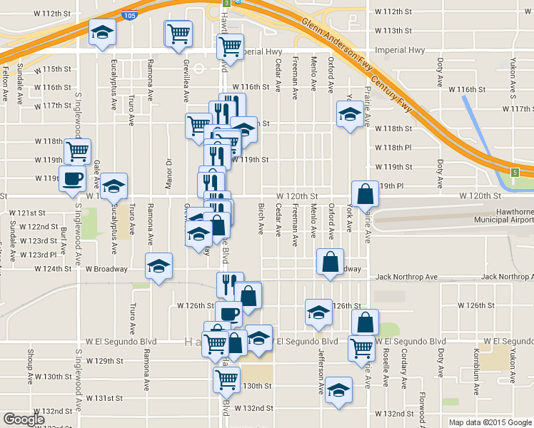 map of restaurants, bars, coffee shops, grocery stores, and more near 12100 Birch Avenue in Hawthorne