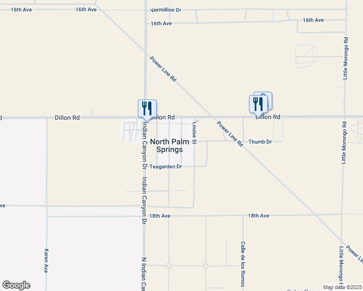 map of restaurants, bars, coffee shops, grocery stores, and more near 17313 Keith Street in North Palm Springs