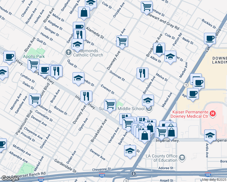 map of restaurants, bars, coffee shops, grocery stores, and more near 8437 Everest Street in Downey