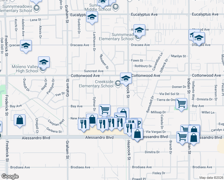map of restaurants, bars, coffee shops, grocery stores, and more near 13648 Rockcrest Drive in Moreno Valley