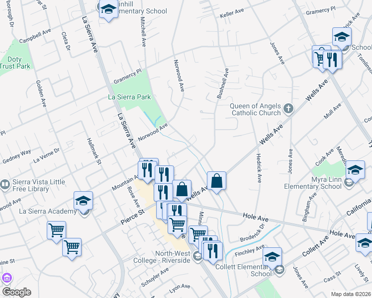 map of restaurants, bars, coffee shops, grocery stores, and more near in Riverside