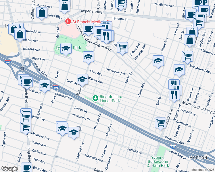 map of restaurants, bars, coffee shops, grocery stores, and more near 3926 Walnut Avenue in Lynwood