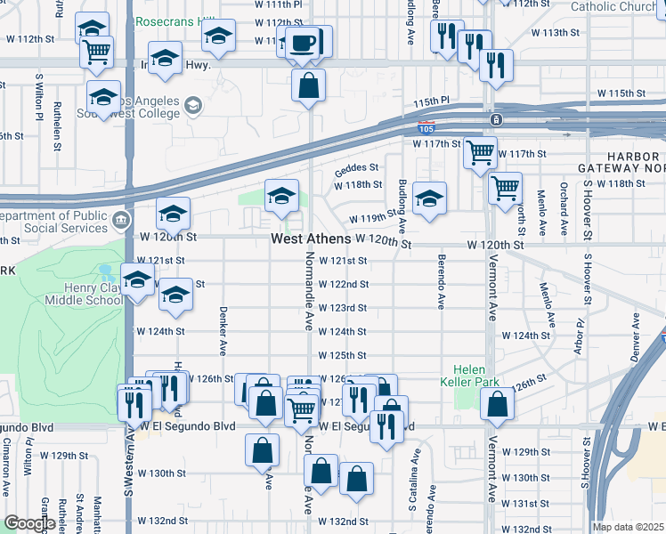 map of restaurants, bars, coffee shops, grocery stores, and more near 1309 West 122nd Street in Los Angeles