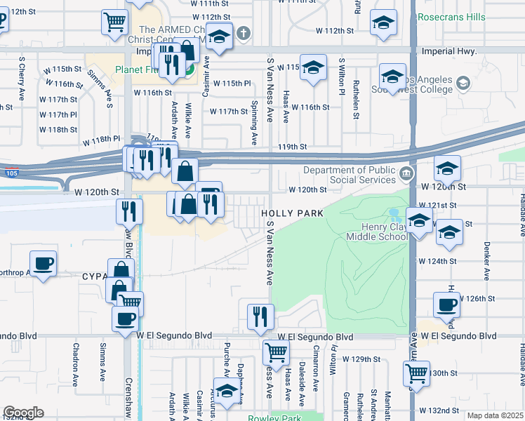 map of restaurants, bars, coffee shops, grocery stores, and more near 12026 Rock Creek Court in Hawthorne