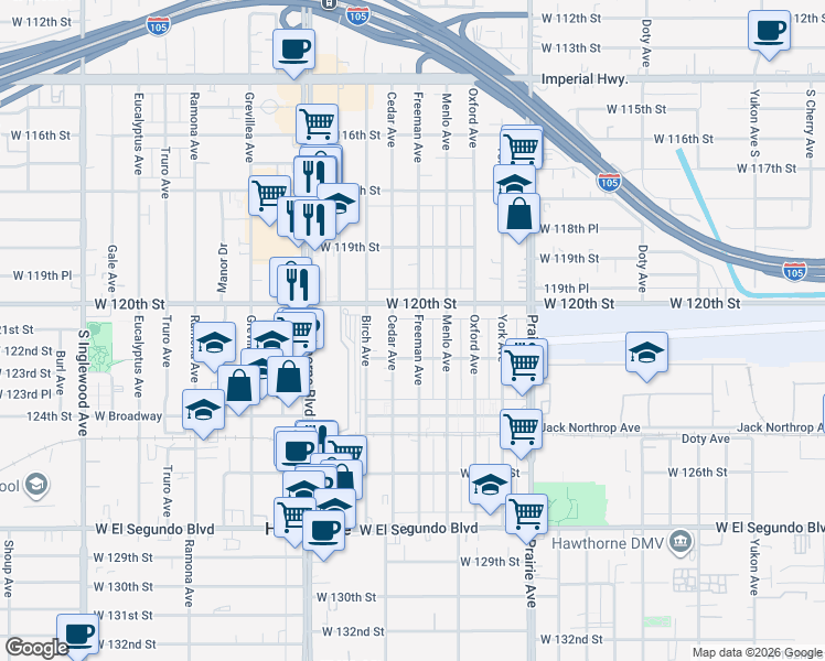map of restaurants, bars, coffee shops, grocery stores, and more near 12115 Freeman Avenue in Hawthorne