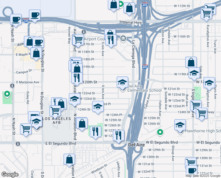 map of restaurants, bars, coffee shops, grocery stores, and more near 5353 West 122nd Street in Hawthorne
