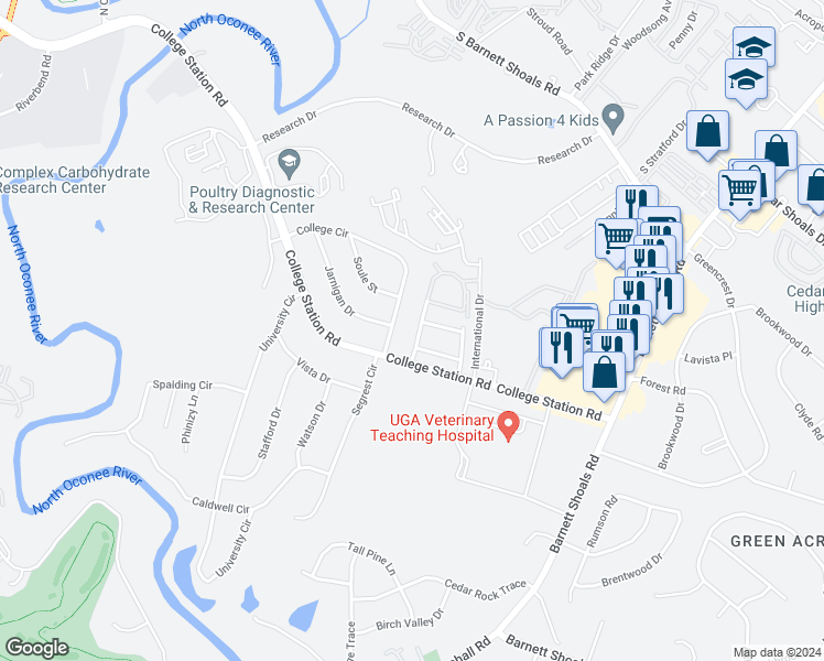 map of restaurants, bars, coffee shops, grocery stores, and more near 105 Mark Twain Circle in Athens